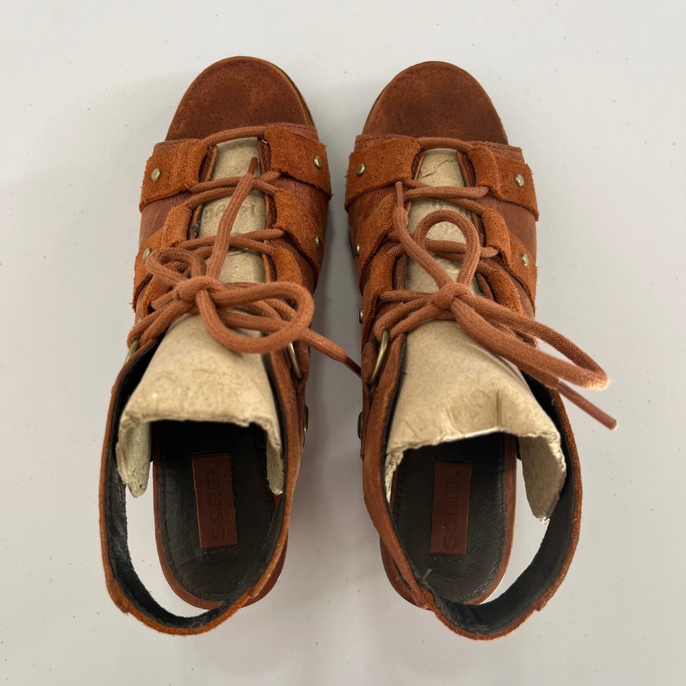 Sorel Addington Women's 7 Rust Brown Leather Lace Up Block Heel Sandals 659 - Picture 6 of 10